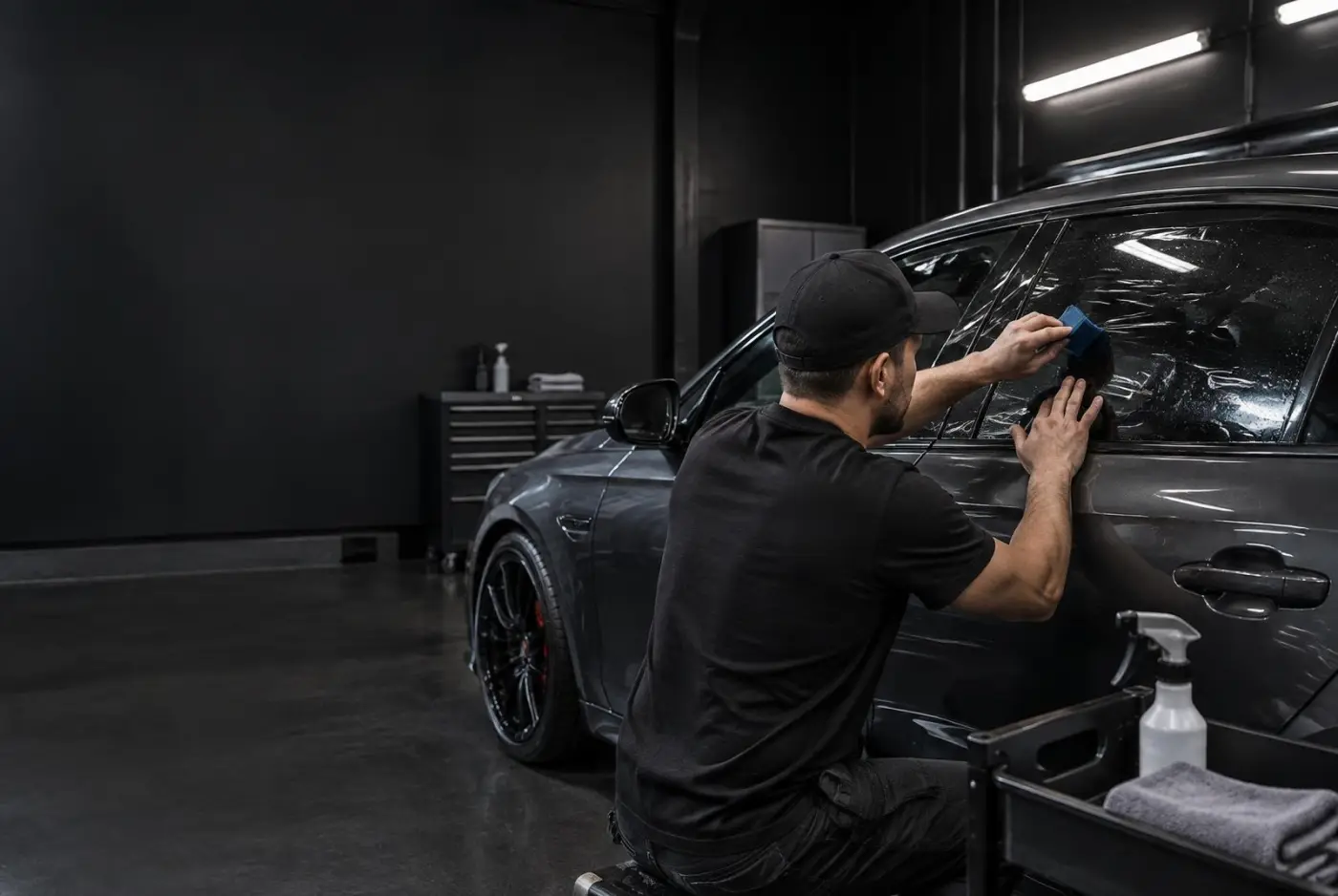 Focus Point Window Tinting installer applying window film